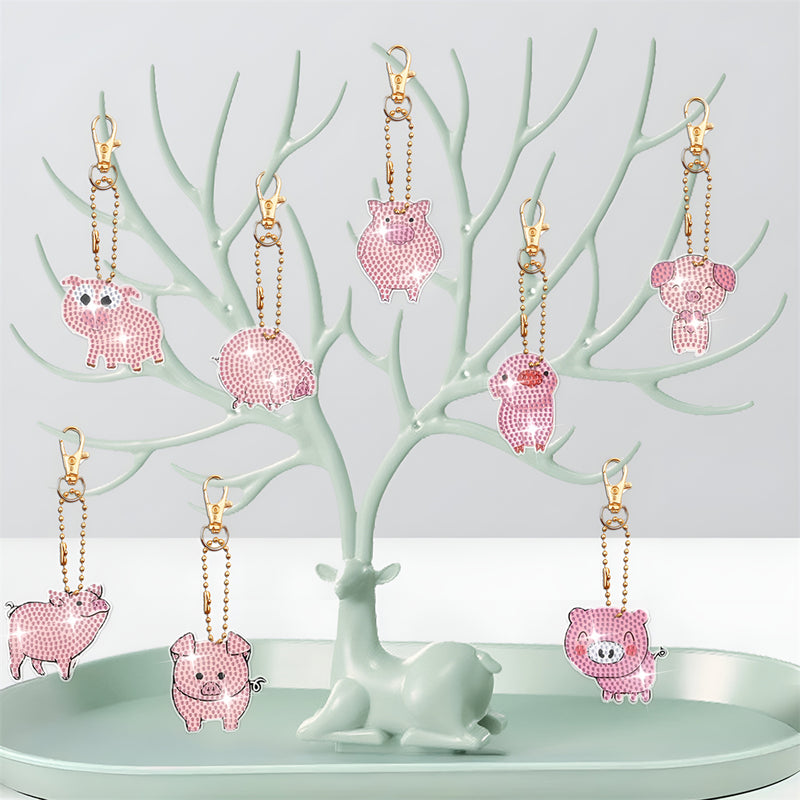 8Pcs Pink Pigs Acrylic Double Side Keychain Diamond Painting