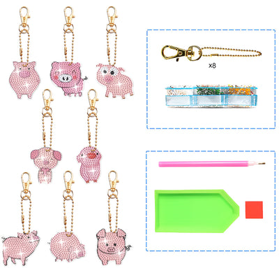 8Pcs Pink Pigs Acrylic Double Side Keychain Diamond Painting