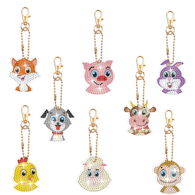 8Pcs Happy Animals Acrylic Double Side Keychain Diamond Painting