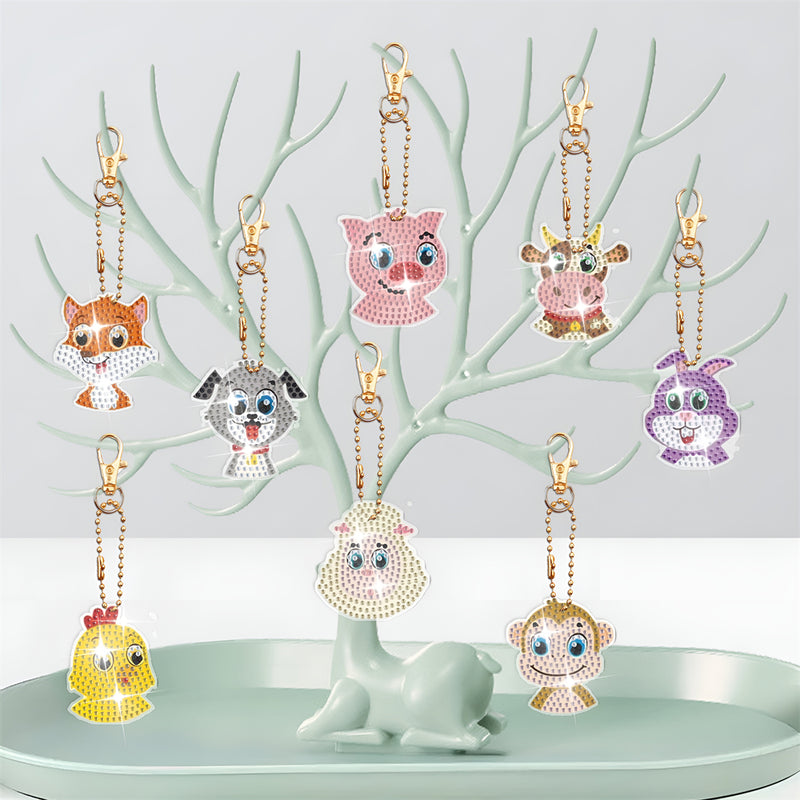 8Pcs Happy Animals Acrylic Double Side Keychain Diamond Painting