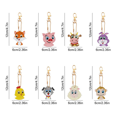 8Pcs Happy Animals Acrylic Double Side Keychain Diamond Painting