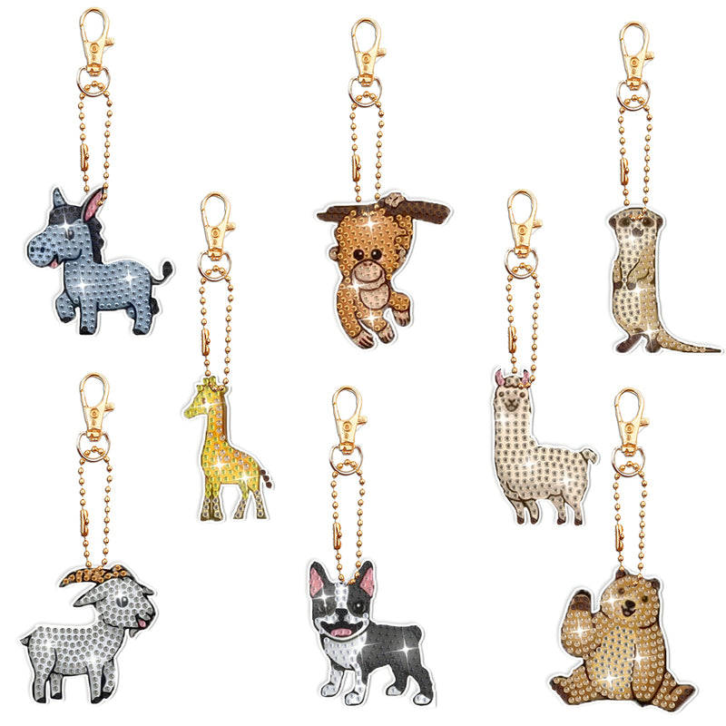 8Pcs Fun Animals Acrylic Double Side Keychain Diamond Painting