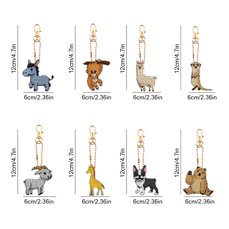 8Pcs Fun Animals Acrylic Double Side Keychain Diamond Painting