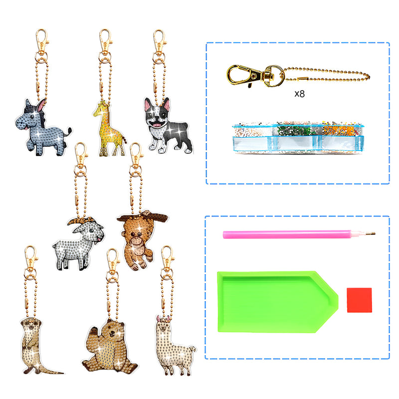 8Pcs Fun Animals Acrylic Double Side Keychain Diamond Painting