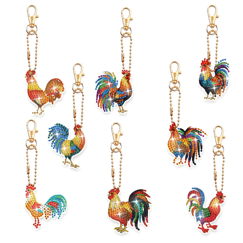 8Pcs Colorful Rooster Acrylic Double Side Keychain Diamond Painting