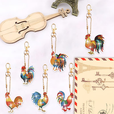 8Pcs Colorful Rooster Acrylic Double Side Keychain Diamond Painting