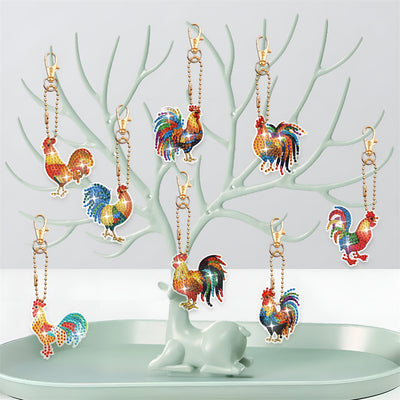 8Pcs Colorful Rooster Acrylic Double Side Keychain Diamond Painting