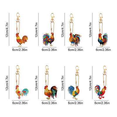 8Pcs Colorful Rooster Acrylic Double Side Keychain Diamond Painting