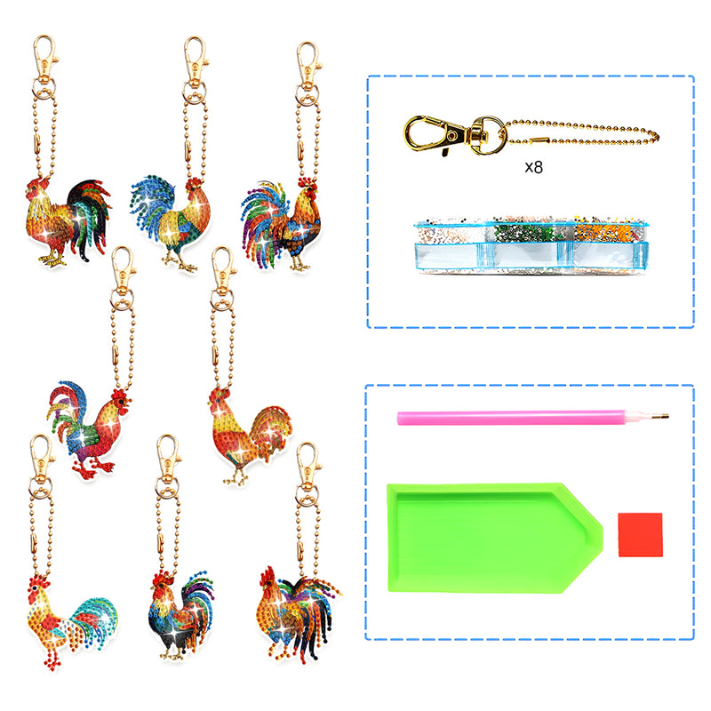 8Pcs Colorful Rooster Acrylic Double Side Keychain Diamond Painting