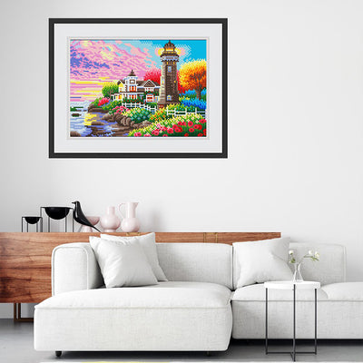 Lighthouse Among Flowers Luminous Crystal Rhinestone Diamond Painting