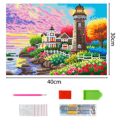 Lighthouse Among Flowers Luminous Crystal Rhinestone Diamond Painting