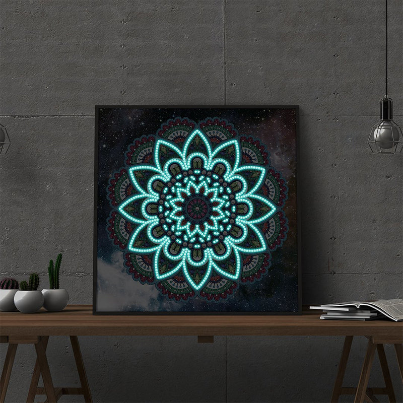 Blue Lotus Mandala Luminous Special Shaped Diamond Painting