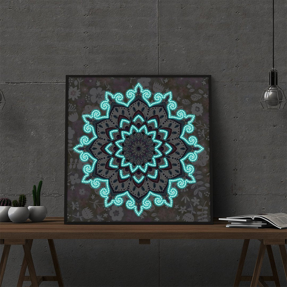 Red and Blue Lotus Mandala Luminous Special Shaped Diamond Painting