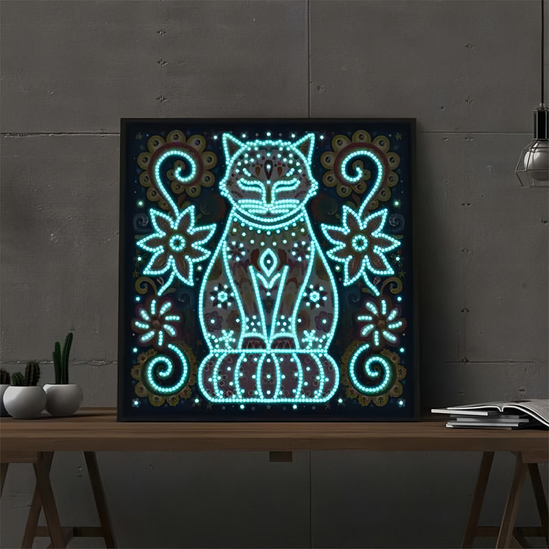 Flower Cat Luminous Special Shaped Diamond Painting