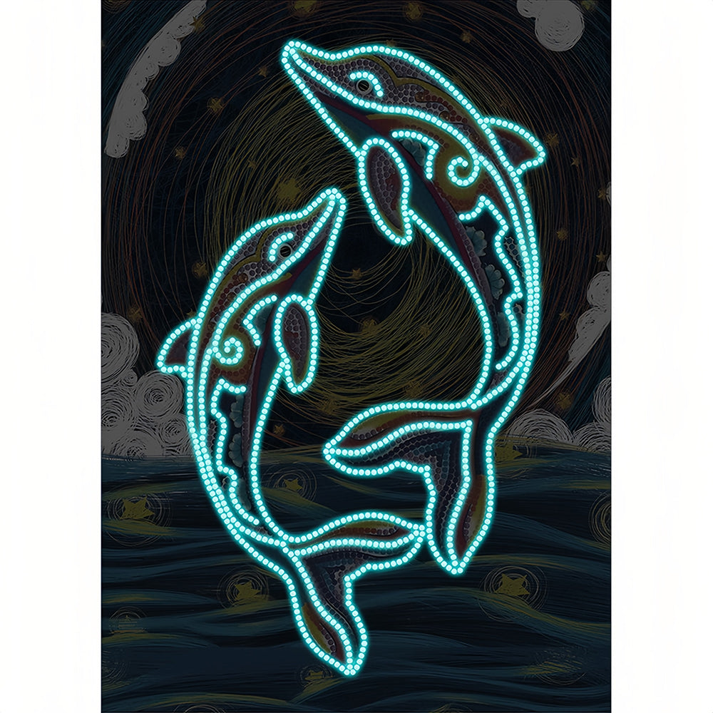 Two Dolphins at Night Luminous Special Shaped Diamond Painting