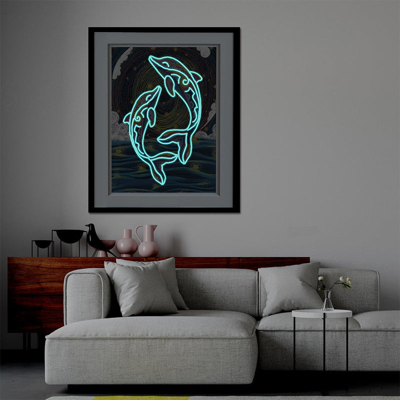 Two Dolphins at Night Luminous Special Shaped Diamond Painting