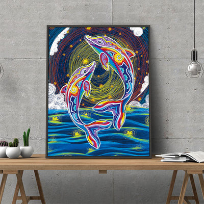 Two Dolphins at Night Luminous Special Shaped Diamond Painting