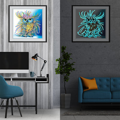 Yellow and Blue Owl Luminous Special Shaped Diamond Painting