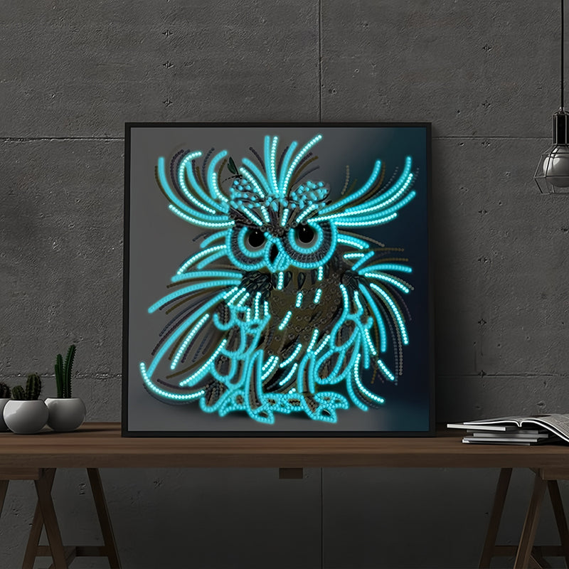 Yellow and Blue Owl Luminous Special Shaped Diamond Painting