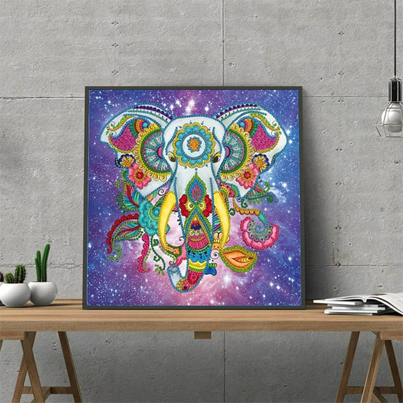 Flower Elephant under Night Sky Luminous Special Shaped Diamond Painting