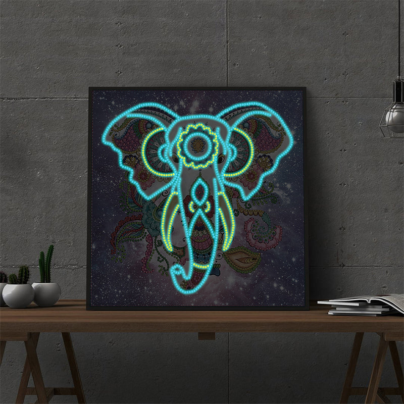 Flower Elephant under Night Sky Luminous Special Shaped Diamond Painting