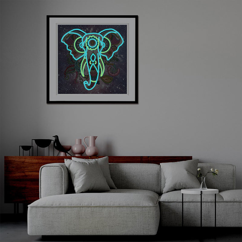 Flower Elephant under Night Sky Luminous Special Shaped Diamond Painting