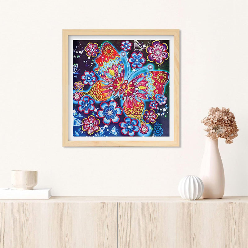 Flowers and Red Butterfly Colored Luminous Crystal Rhinestone Diamond Painting