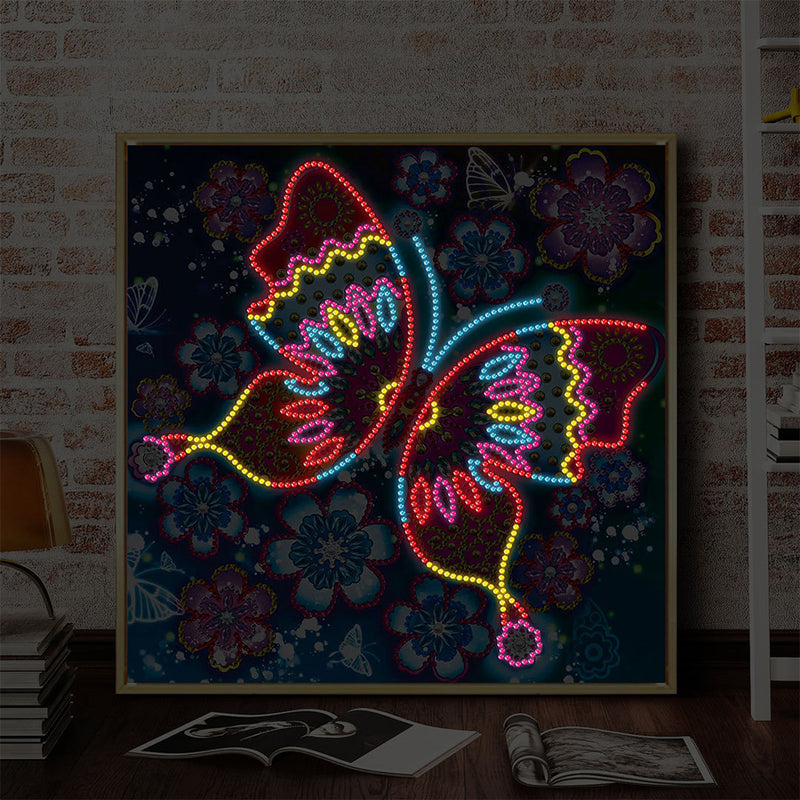 Flowers and Red Butterfly Colored Luminous Crystal Rhinestone Diamond Painting