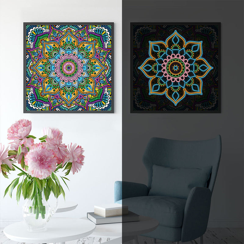 Green Flower Mandala Colored Luminous Special Shaped Diamond Painting