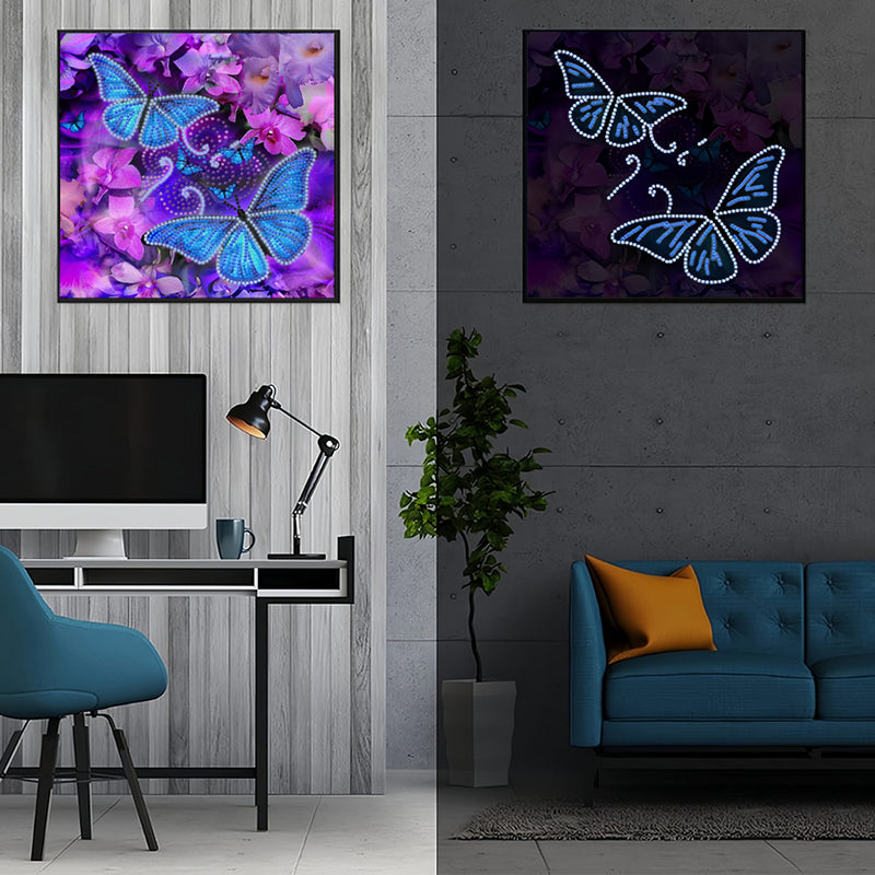 Blue Butterflies and Purple Flowers Luminous Crystal Rhinestone Diamond Painting