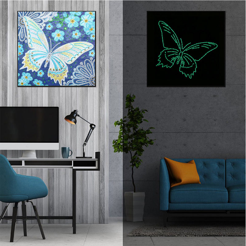 Blue Butterfly and Flowers Luminous Special Shaped Diamond Painting