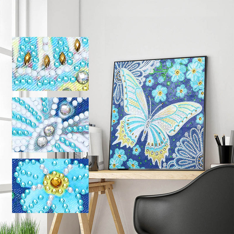 Blue Butterfly and Flowers Luminous Special Shaped Diamond Painting