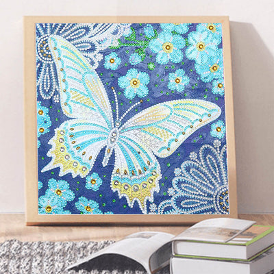 Blue Butterfly and Flowers Luminous Special Shaped Diamond Painting