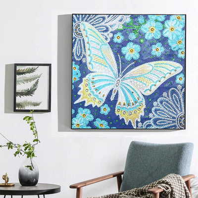 Blue Butterfly and Flowers Luminous Special Shaped Diamond Painting