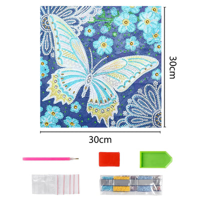 Blue Butterfly and Flowers Luminous Special Shaped Diamond Painting