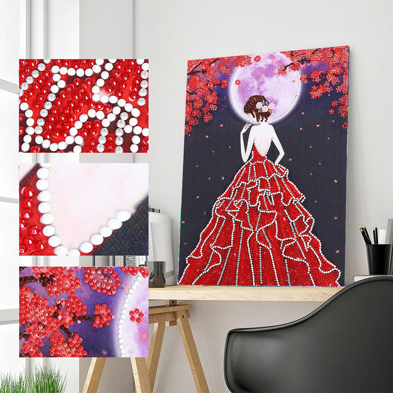 Woman in Red Dress Luminous Special Shaped Diamond Painting