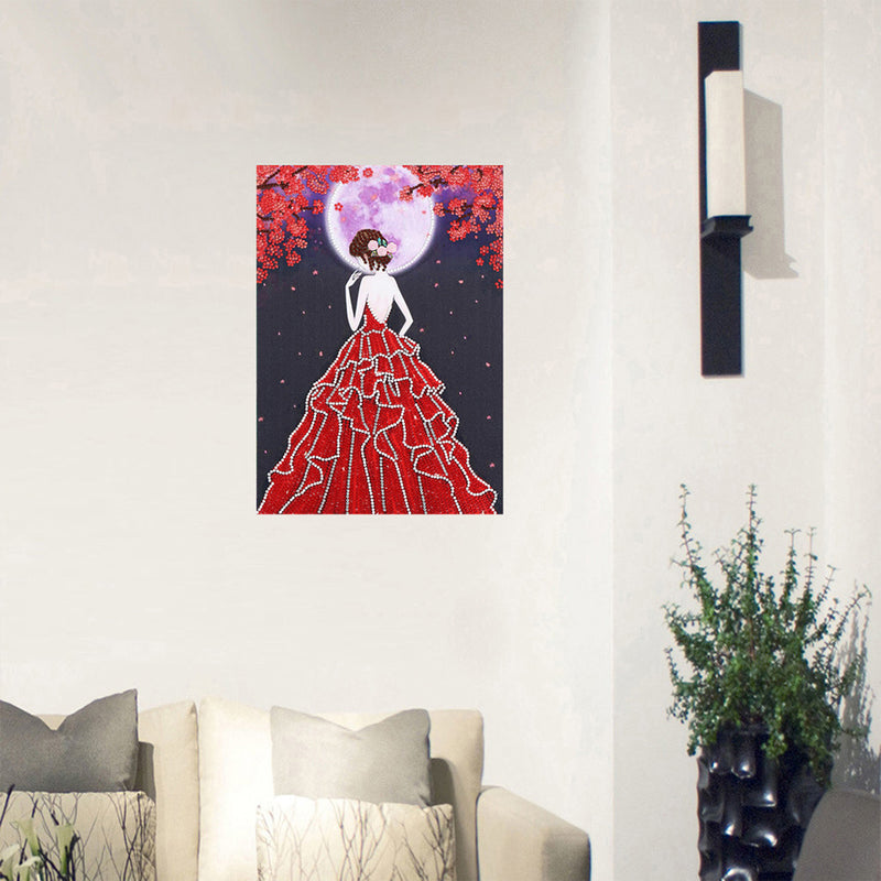 Woman in Red Dress Luminous Special Shaped Diamond Painting