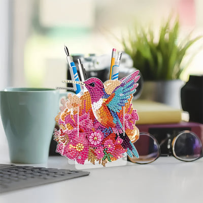 Hummingbird in Red Flowers Diamond Painting Pen Holder