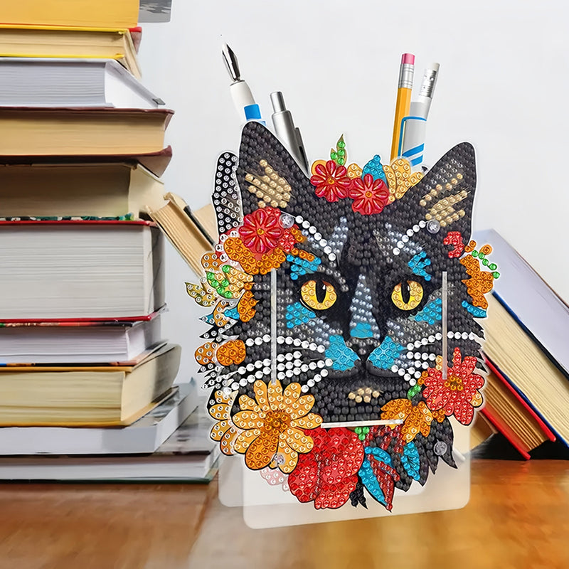 Black Cat in Red Flowers Diamond Painting Pen Holder