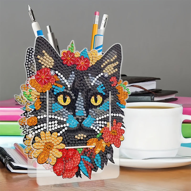 Black Cat in Red Flowers Diamond Painting Pen Holder