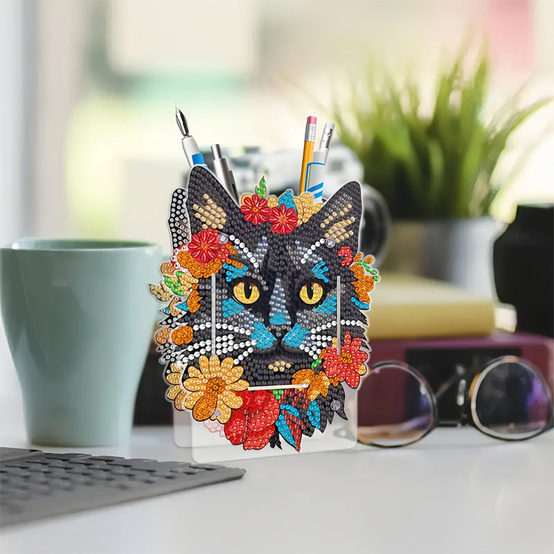 Black Cat in Red Flowers Diamond Painting Pen Holder