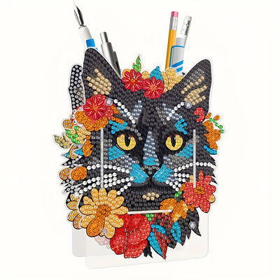 Black Cat in Red Flowers Diamond Painting Pen Holder