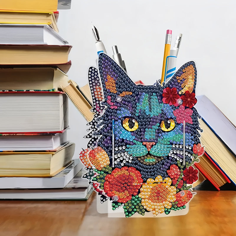 Black Cat and Red Flowers Diamond Painting Pen Holder