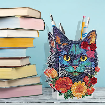 Black Cat and Red Flowers Diamond Painting Pen Holder