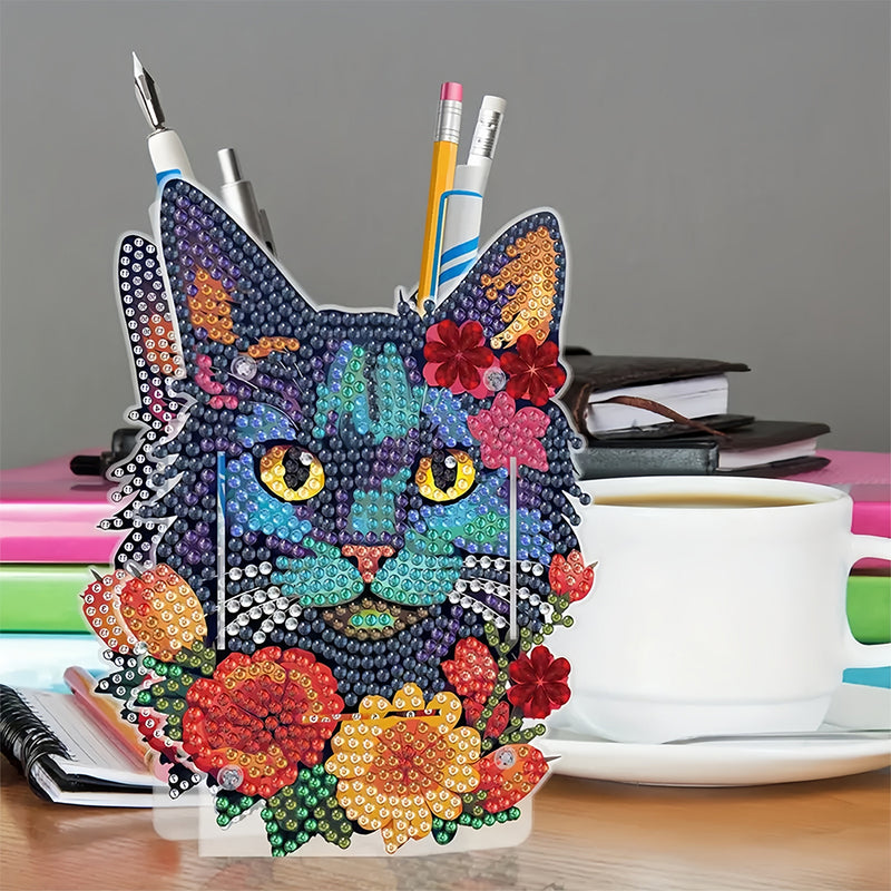 Black Cat and Red Flowers Diamond Painting Pen Holder