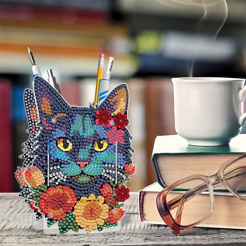 Black Cat and Red Flowers Diamond Painting Pen Holder