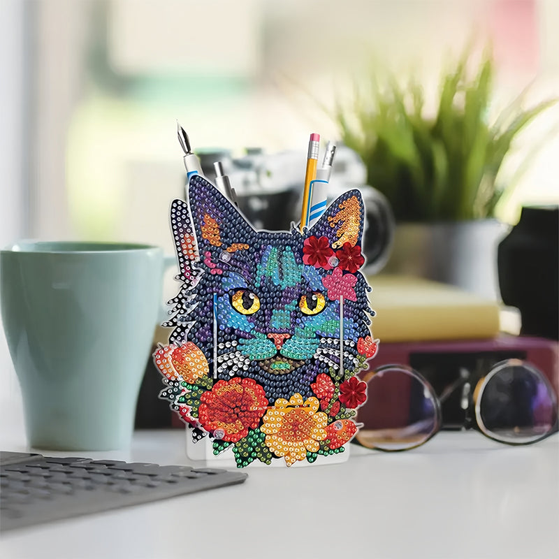 Black Cat and Red Flowers Diamond Painting Pen Holder