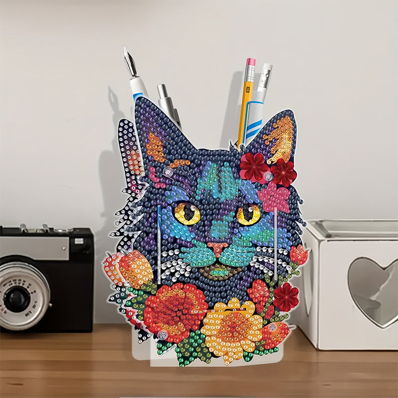 Black Cat and Red Flowers Diamond Painting Pen Holder