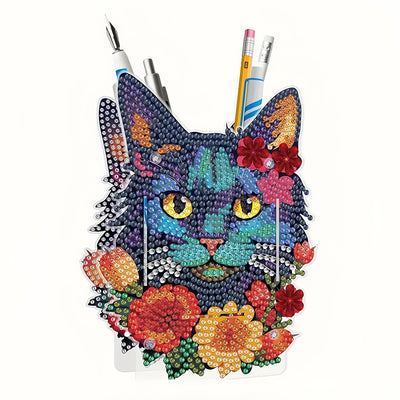 Black Cat and Red Flowers Diamond Painting Pen Holder