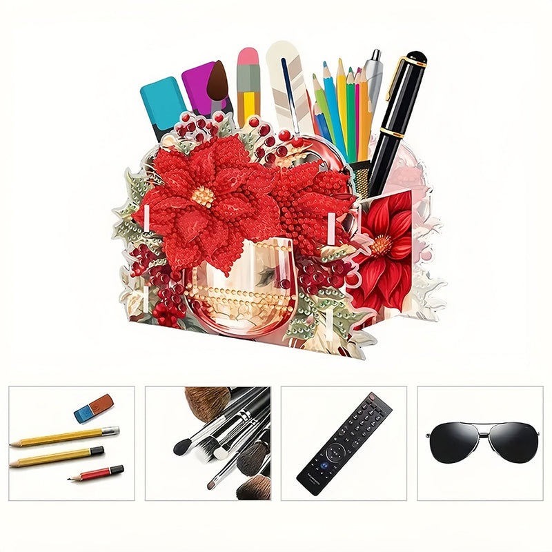 Red Flowers and Berries Diamond Painting Pen Holder